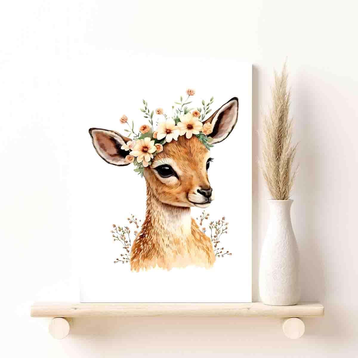 STRRAW Gazelle Flower Crown Cute Nursery Botanical Wall Art Print,Safari Nursery Decor-Baby Safari Nursery