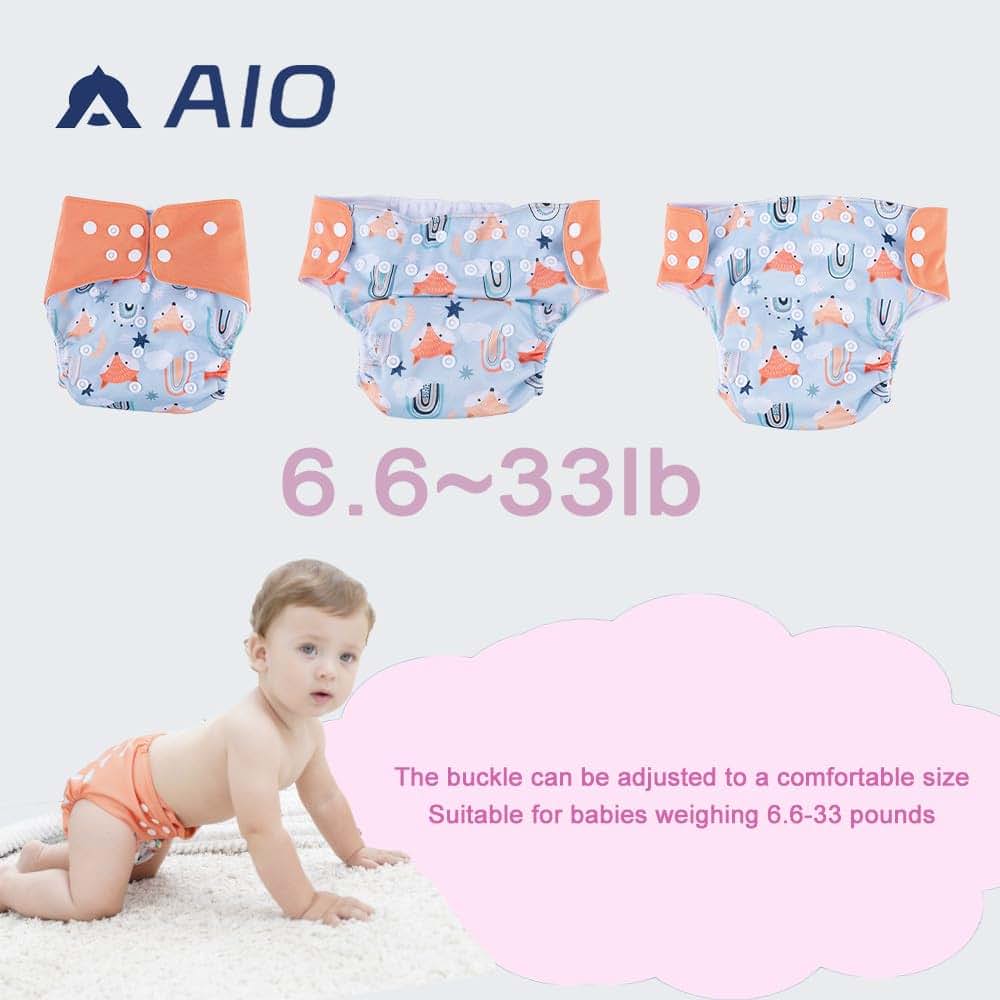 AIO Reusable Baby Cloth Diapers 4 Pack with 8 Microfiber Inserts, Adjustable Pocket Diapers Waterproof TPU Cover for (photo 4)