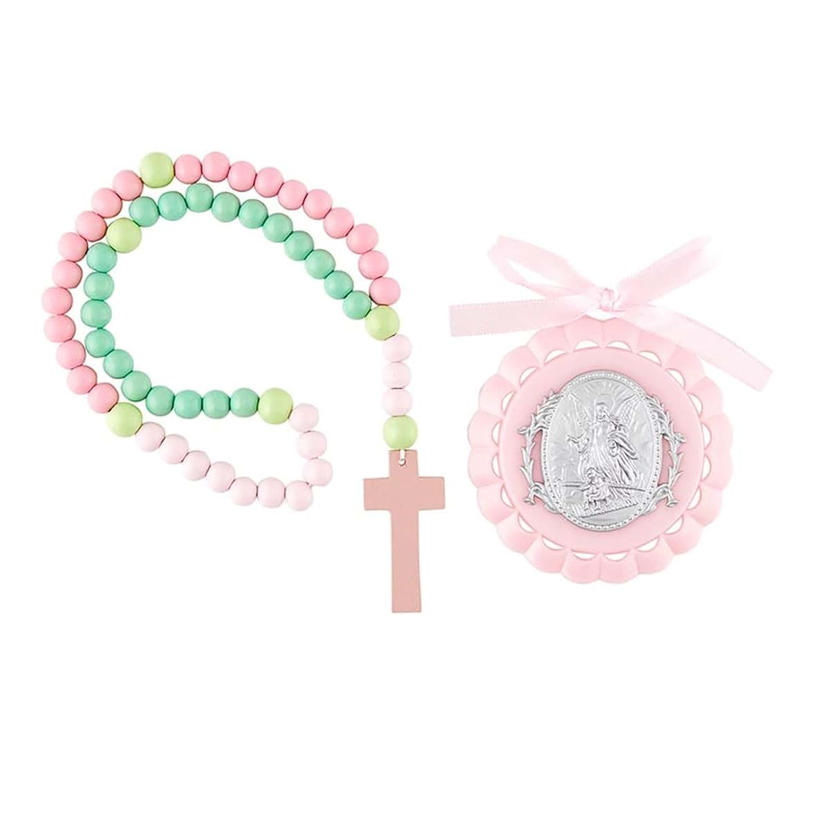 Hirten 3.5" Guardian Angel Pink Crib Medal with Wooden Baby Rosary In Gift Box