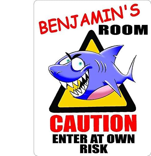 ANY AND ALL GRAPHICS BENJAMIN Caution enter Shark Kids room door décor sign 9"x12" PLASTIC.
