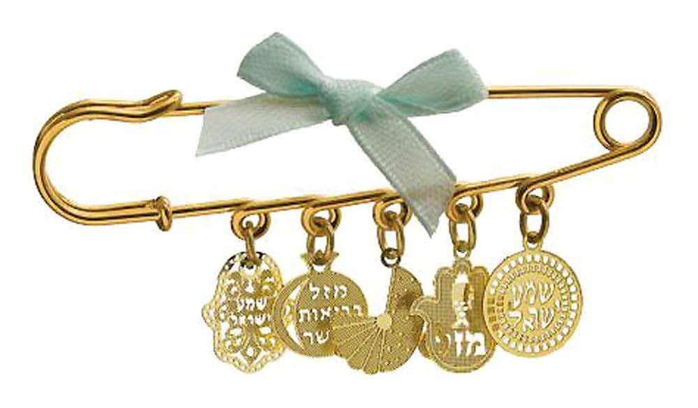 YourHolyLandStore Jewish Baby Boy Safety Pin - Hamsa - Shema Yisrael - Luck Health Happiness - Newborn Gift