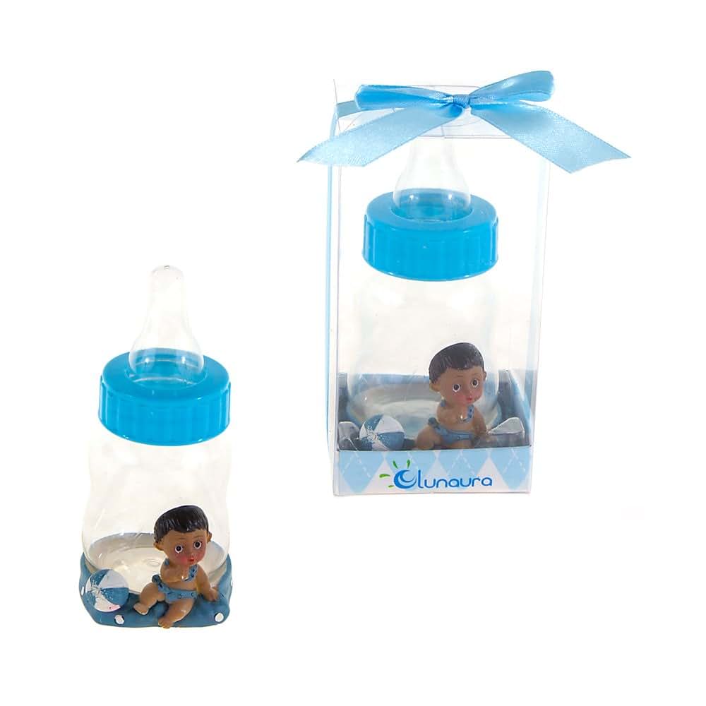 Lunaura Baby Keepsake - Set of 12 "Boy" Black Ethnic Baby on Baby Bottle Favors - Blue