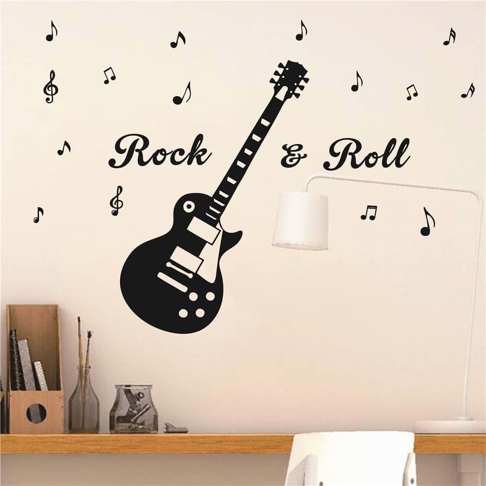 UILMNIY Music Guitar Rock and Roll Wall Decal for Kids Room and Bedroom, Vinyl Removable Black 110x119cm
