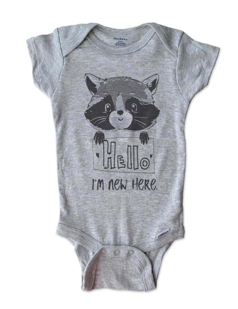 Hello Handmade - Hello I'm new here. baby Raccoon d2 - onesie birth announcement Shower gift (Grey, 12)