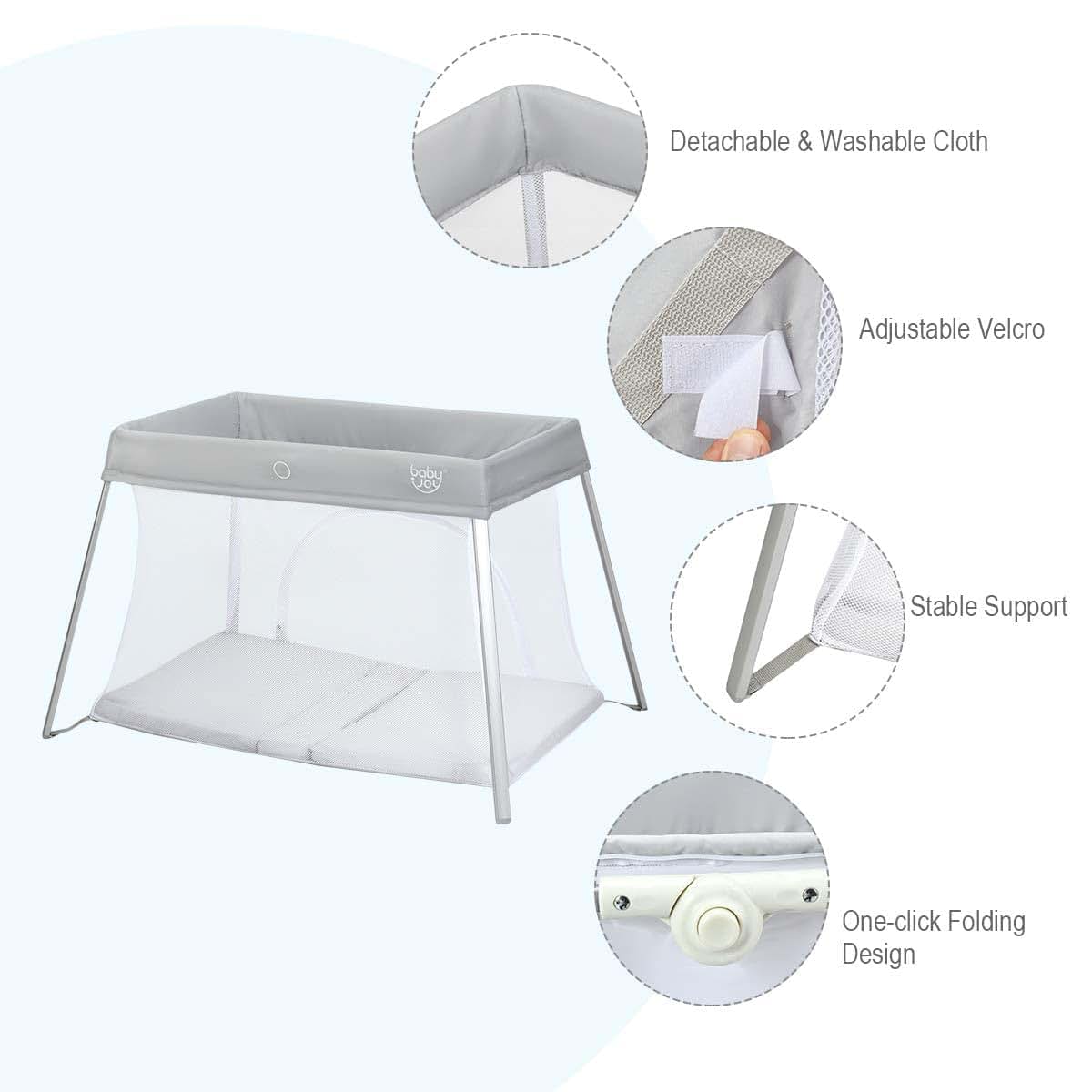 Baby Joy 2-in-1 Travel Crib with Side Zipper, Portable Playard with Washable Mattress
