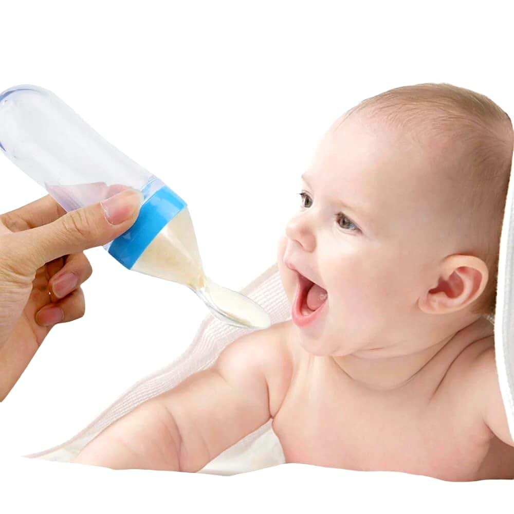 BabyOneStop Squeeze Feeding Bottle with Silicone Body and Dispenser Spoon, 90ml