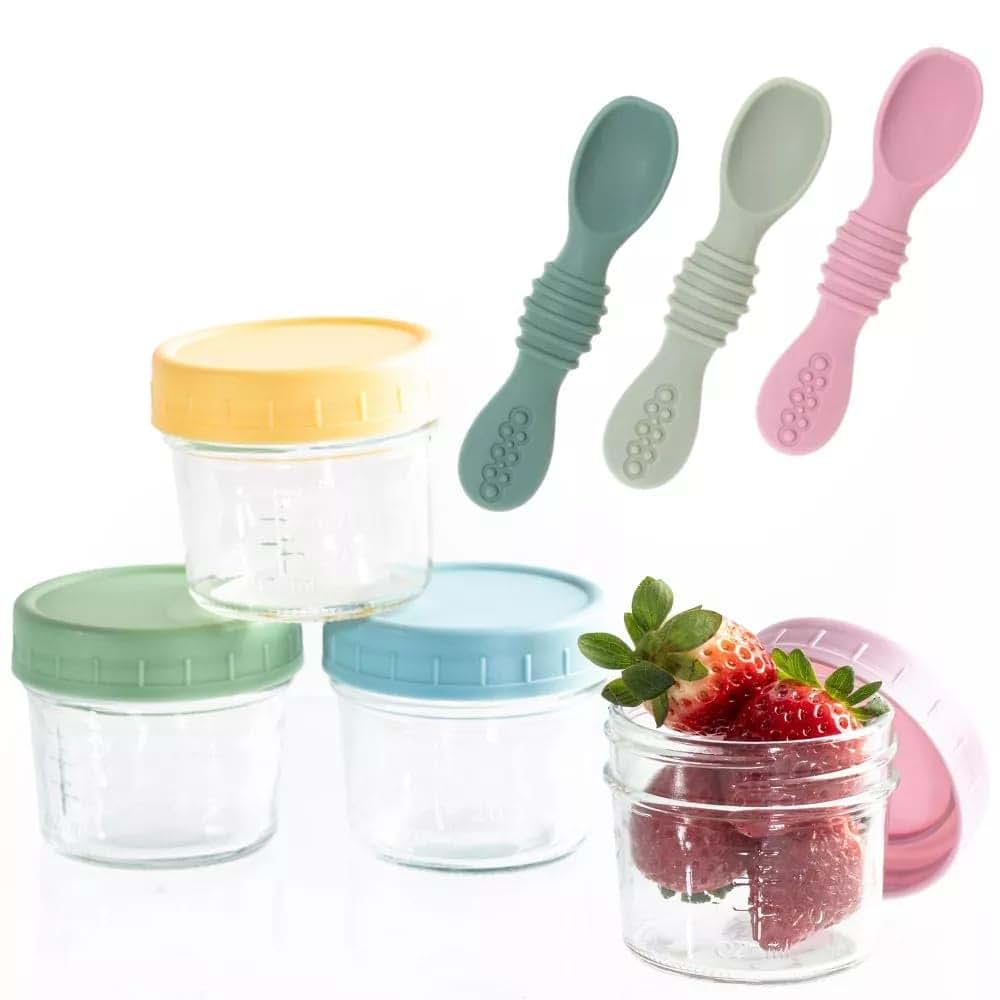 Baby One Stop Glass Food Storage Jars and Silicone Spoons Set