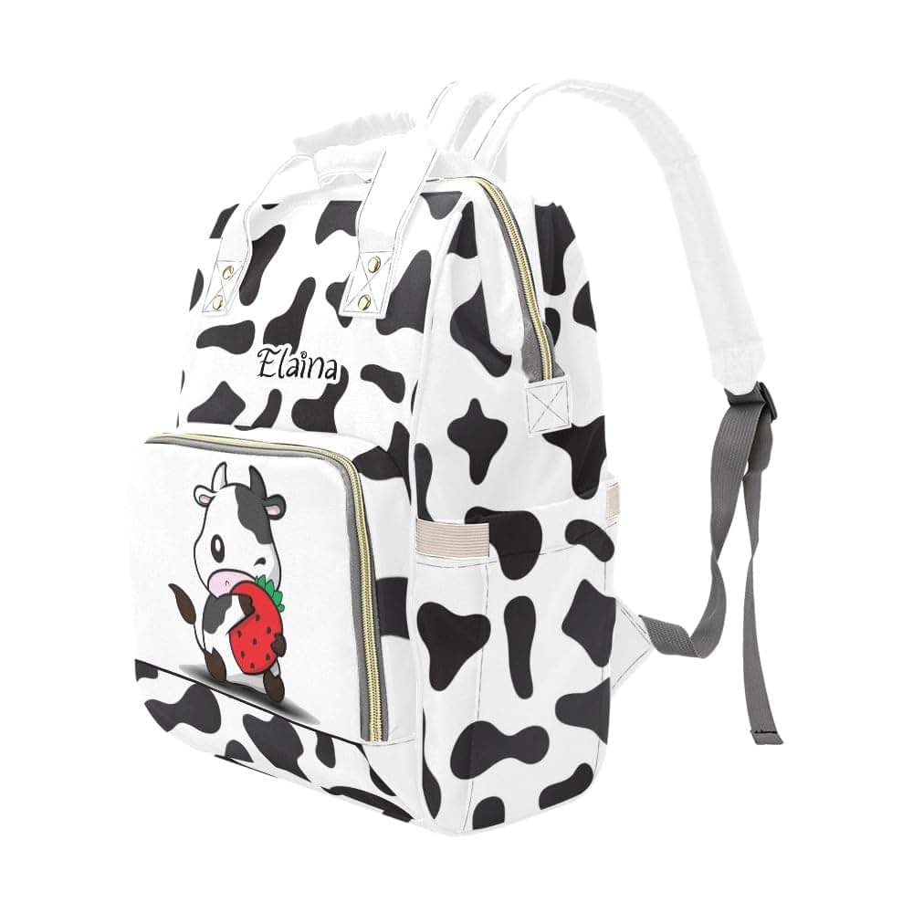 YallLocoMo Personalized Diaper Bag Backpack Name Cute Strawberry Cow Multifunction Travel Backpack Nappy Bag Daypack (photo 4)
