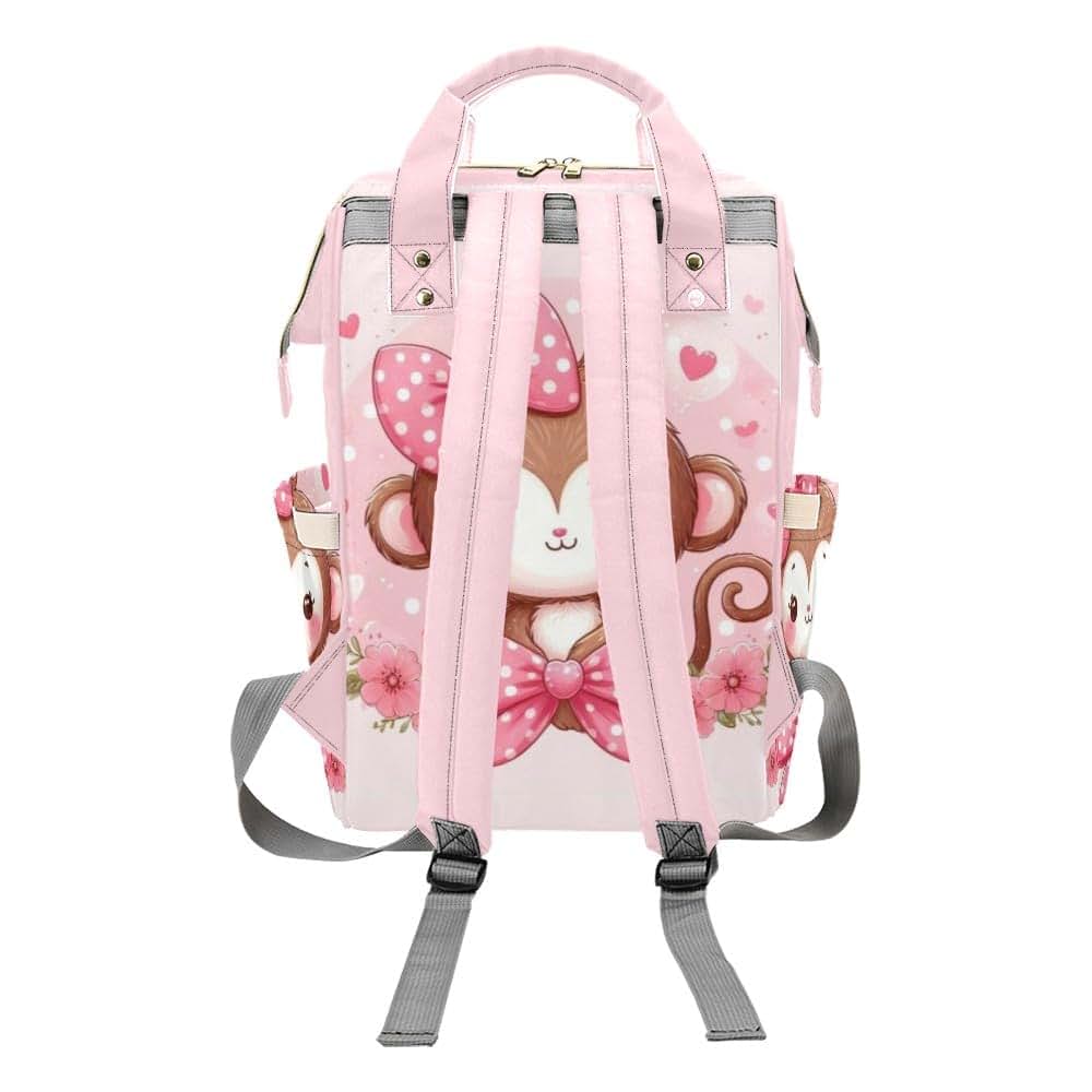 NZOOHY Pink Bow Monkey Personalized Diaper Bag Backpack Custom Name Nursing Baby Bag Mommy Bag for Mom Travel Daypack