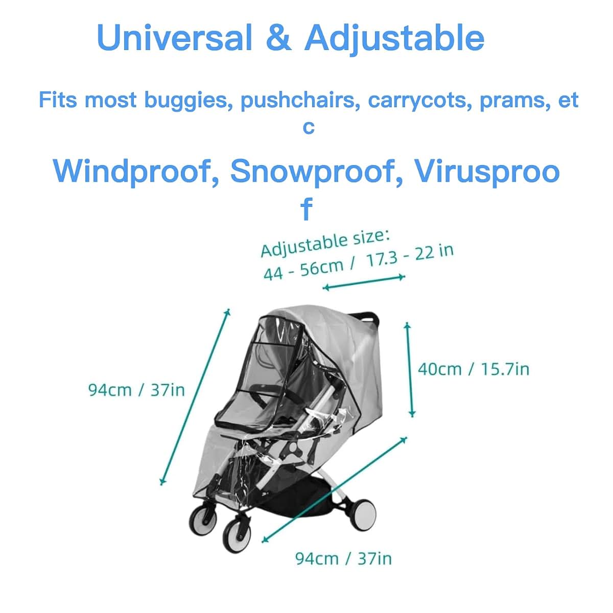 BabyOneStop Universal Stroller Rain Cover, Breathable Windproof Snowproof Weather Shield, 56x99cm