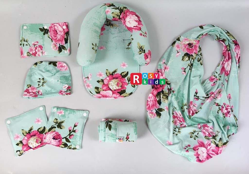 9-Piece Infant Car Seat Cover Set with Canopy, Blanket, Hat and Nursing Scarf - Pink Peony