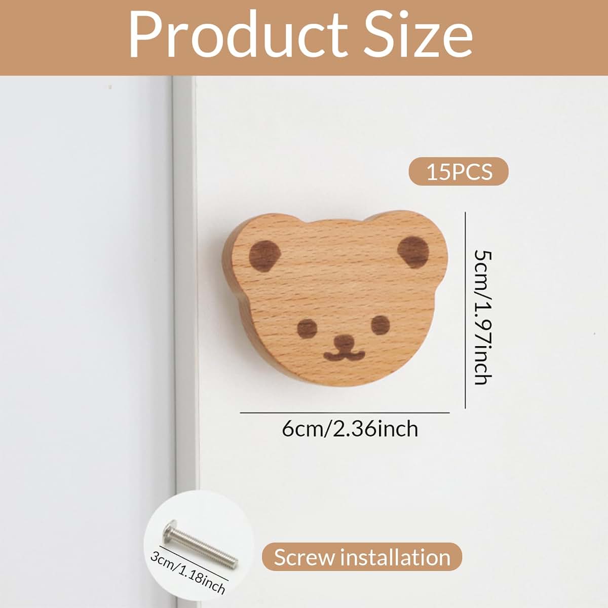 Cute Drawer Knobs Cartoon Bear Wood 15Pcs