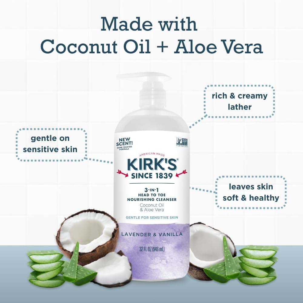 Kirk's Lavender & Vanilla 3-in-1 Nourishing Cleanser, Shampoo, Body Wash, and Bubble Bath