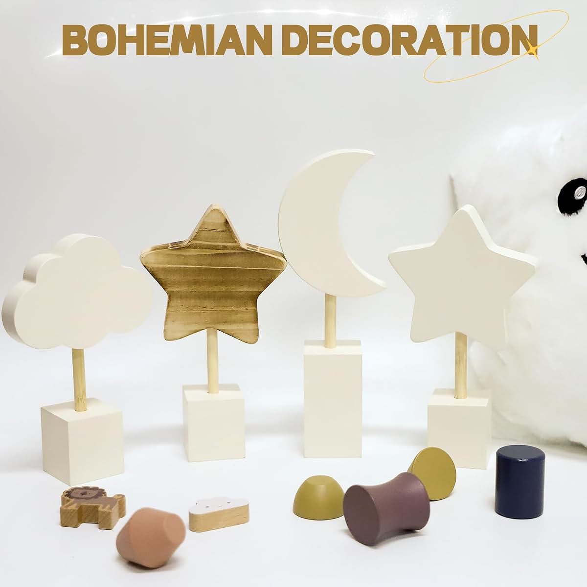 Wooden Moon and Stars Nursery Decor Set for Boho Baby Room Wall Art