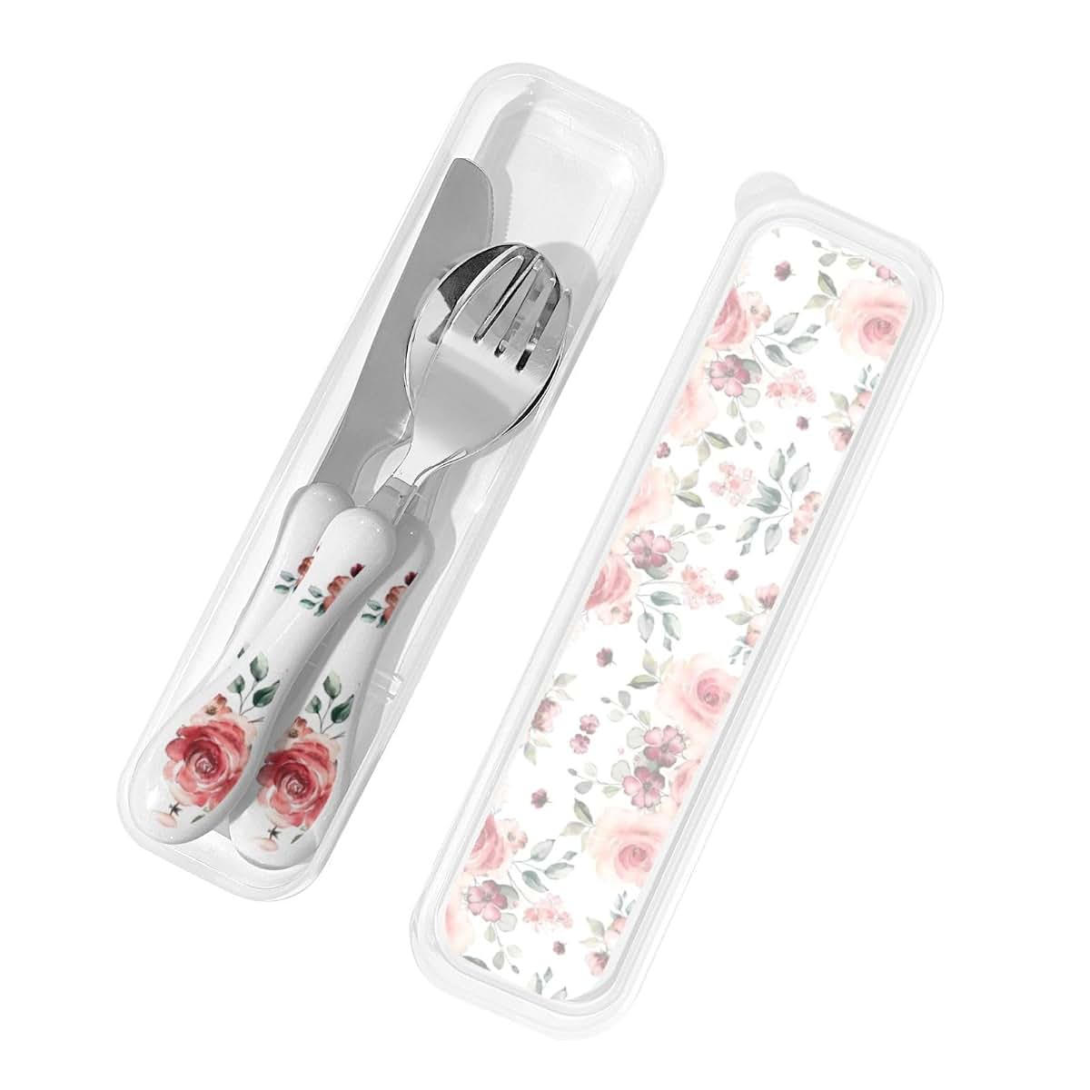 Blossoming Rose Flowers Print Kids Knife Fork and Spoon Set, Stainless Steel and PP Plastic