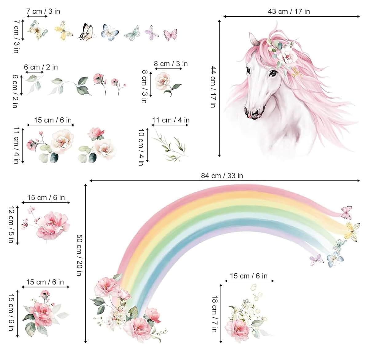 wondever Large Rainbow Wall Decals Horse Flower Wall Stickers