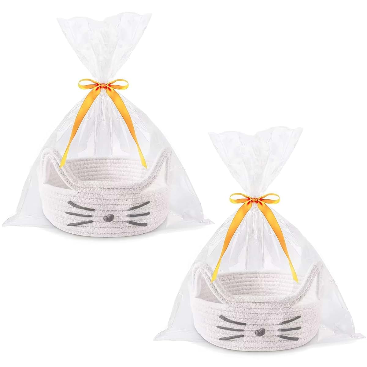 Himitimi 2 Pack Cute Cat Toy Baskets Baby Gift Basket Small Woven Basket with Gift Bags and Ribbons Empty Decorative