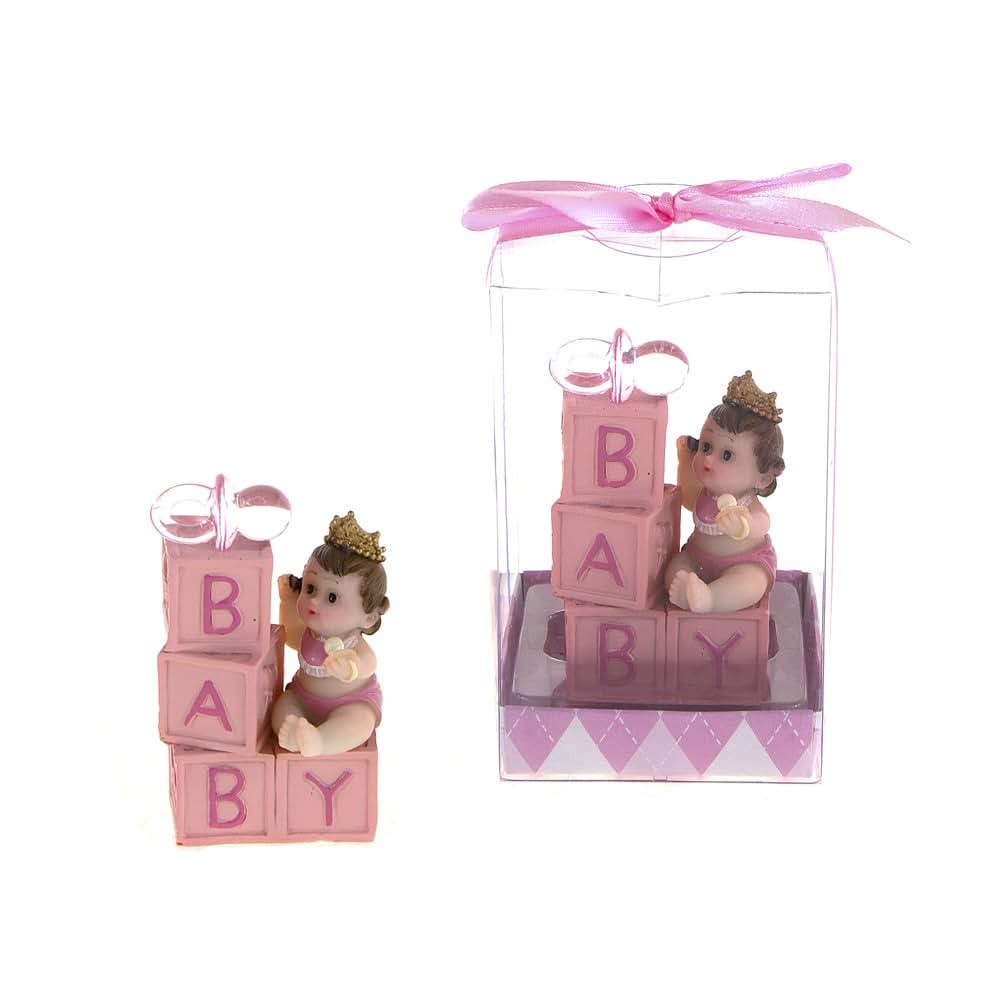 Lunaura Baby Keepsake - Set of 12 "Girl" Baby Sitting on Blocks with Large Pacifier Favors - Pink