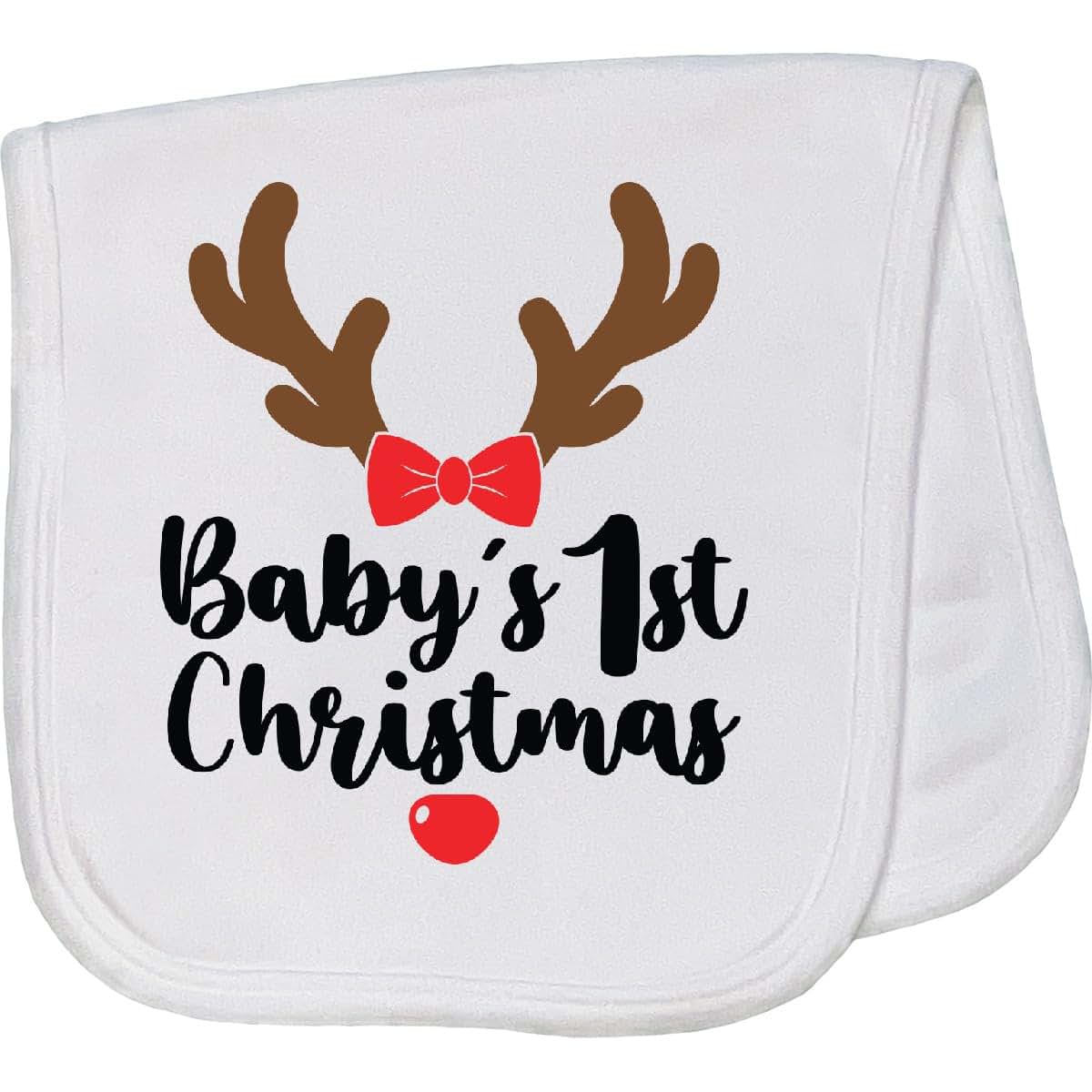 Baby's 1st Christmas Reindeer Antlers Red Bow Baby Burp Cloth White
