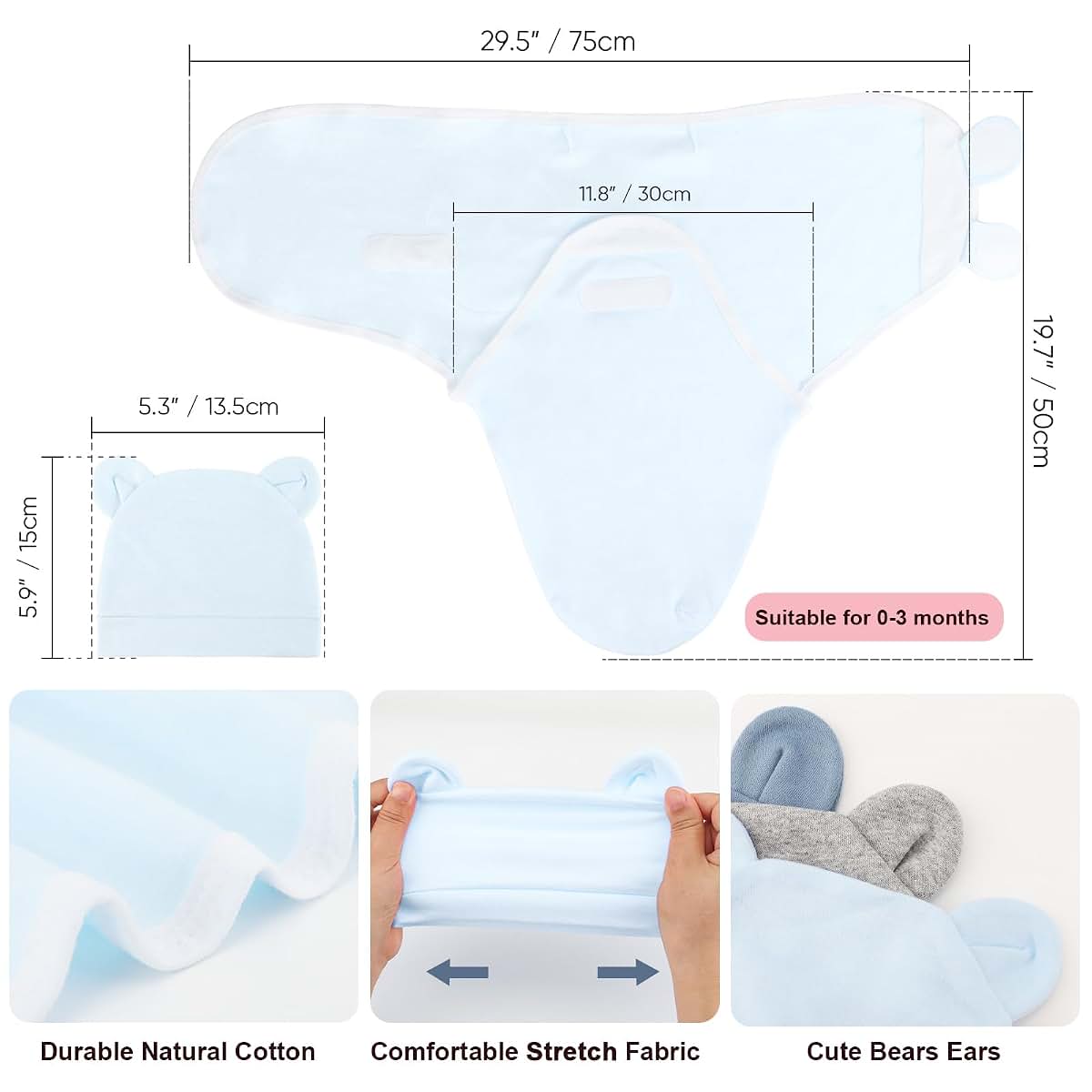 AQOKKA Swaddle Blankets Set with Bear Ear Hats for Newborns