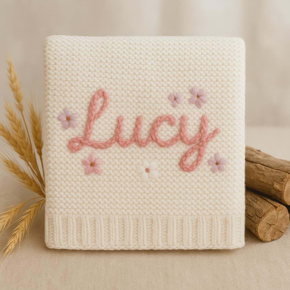 LullabyMall Personalized Knit Blanket With Hand Embroidered Name (photo 4)