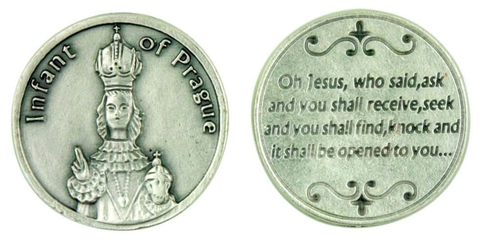 Infant of Prague Silver Tone Pocket Token with Prayer