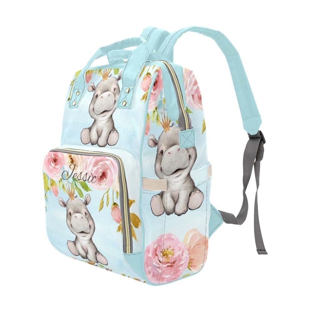 YallLocoMo Custom Diaper Bag Backpack for Girls Boys Kids Blue Floral Rose Crown Rhino Large Capacity Nappy Bag: (photo 4)