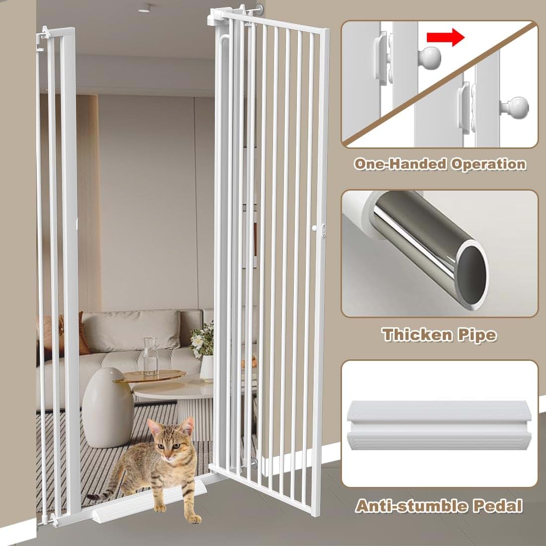 THEYFIRST 57 Inch Extra Tall Pet Gate for Doorways, Pressure Mounted Walk Through with Auto Close, White