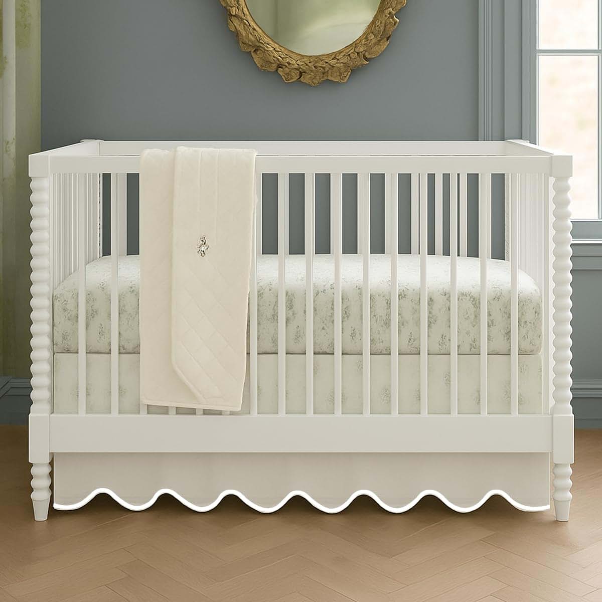 Luxurious Collections White Cotton Sateen Crib Skirt With Scalloped Embroidery