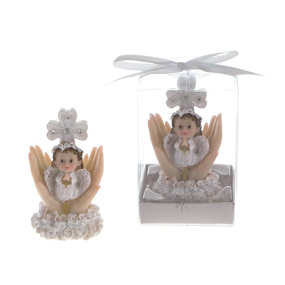Lunaura Religious Keepsake - Set of 12 "Girl" Baby on Palm Wearing White Clothes Praying Favors