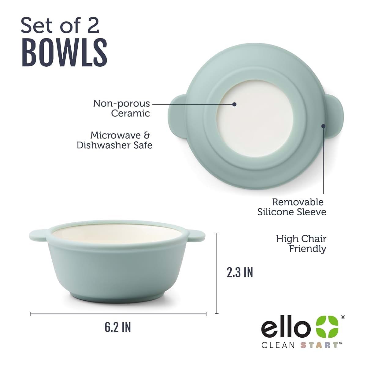 Ello Clean Start Ceramic Toddler Bowls with Silicone Sleeves 2 Pack Dewdrop