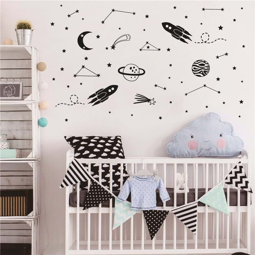 Outer Space Rocket Wall Decals for Kids, Removable Vinyl Stickers with Planets, Moon, Stars, Black