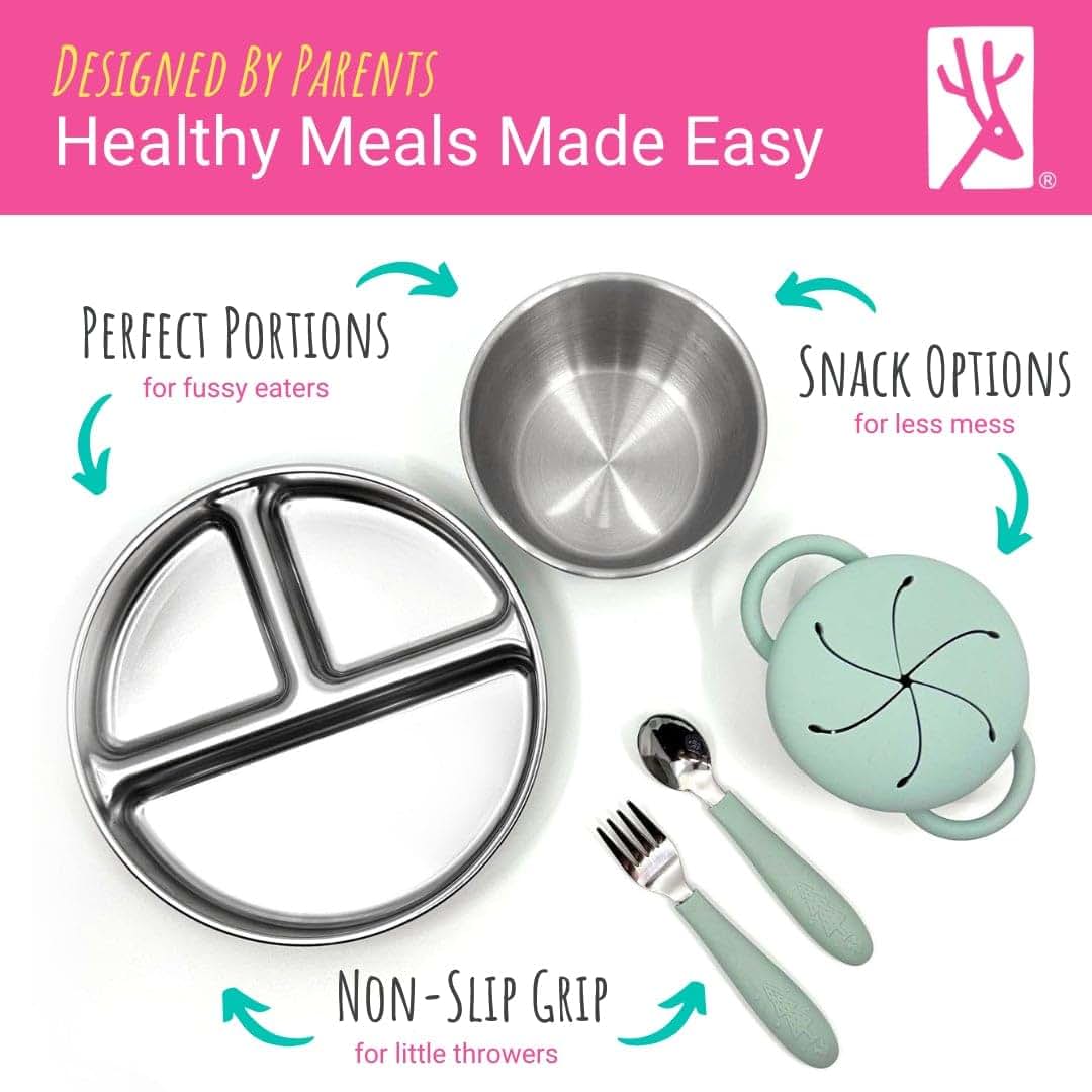 Elk and Friends Stainless Steel Mealtime Bundle with Silicone Sleeves, 10-Piece Toddler Dinner Set