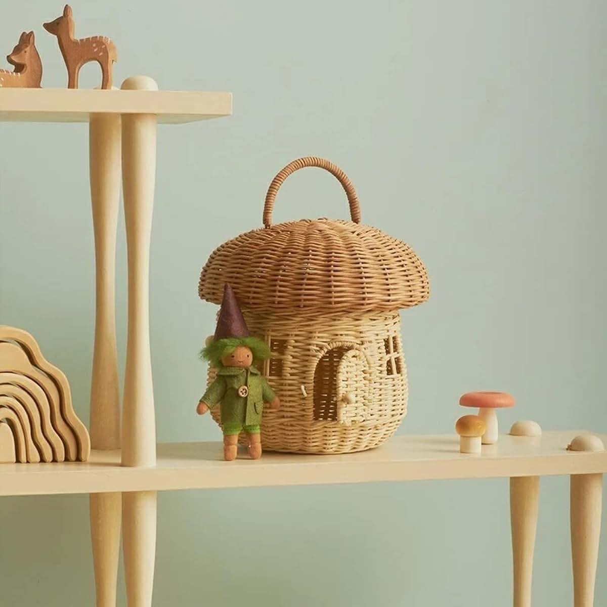 Mushroom Shaped Rattan Storage Basket with Lid for Decorative Home Organizer