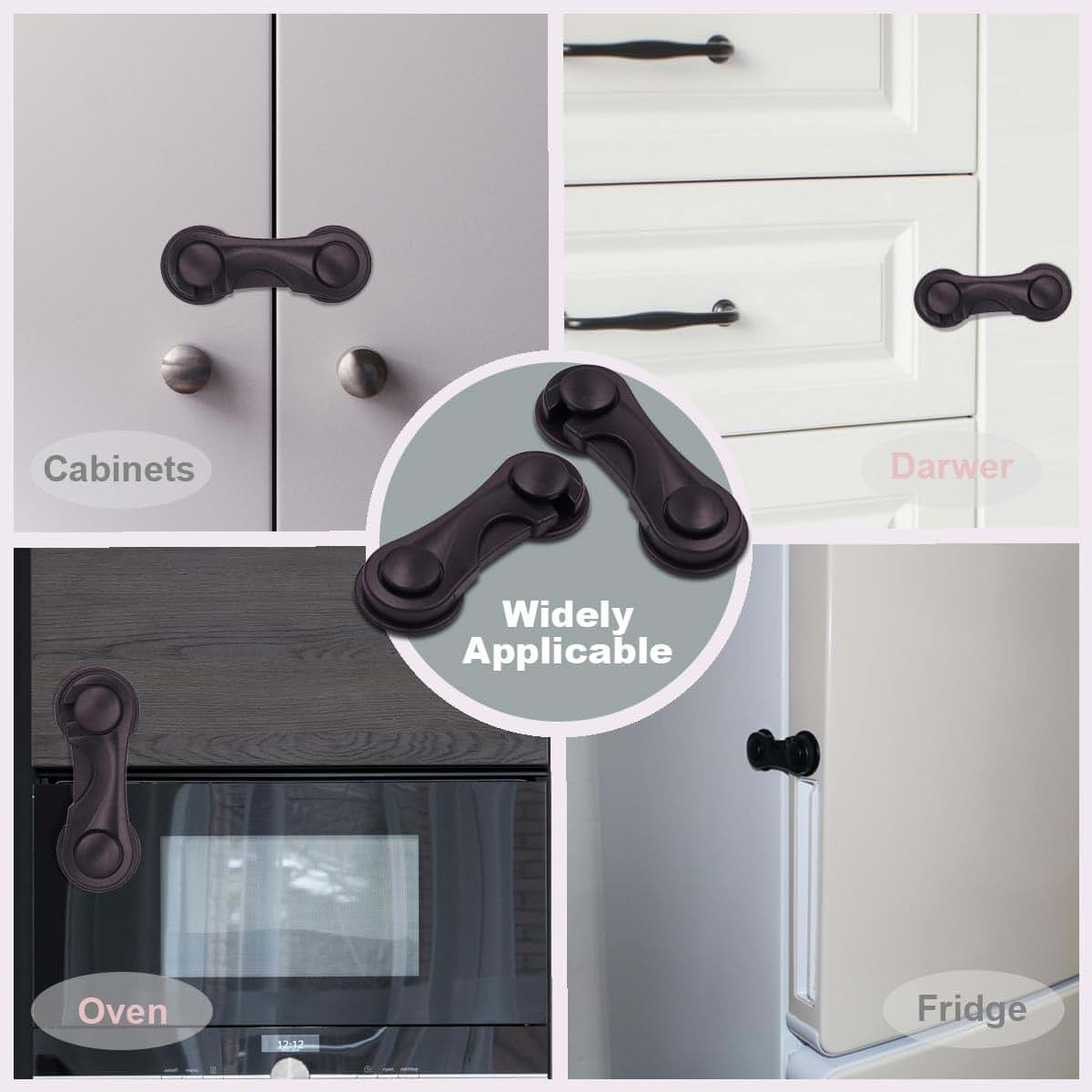 KongNai Cabinet Locks for Babies, 4 Pack Childproof Latches with Adhesive for Drawers and Cupboards