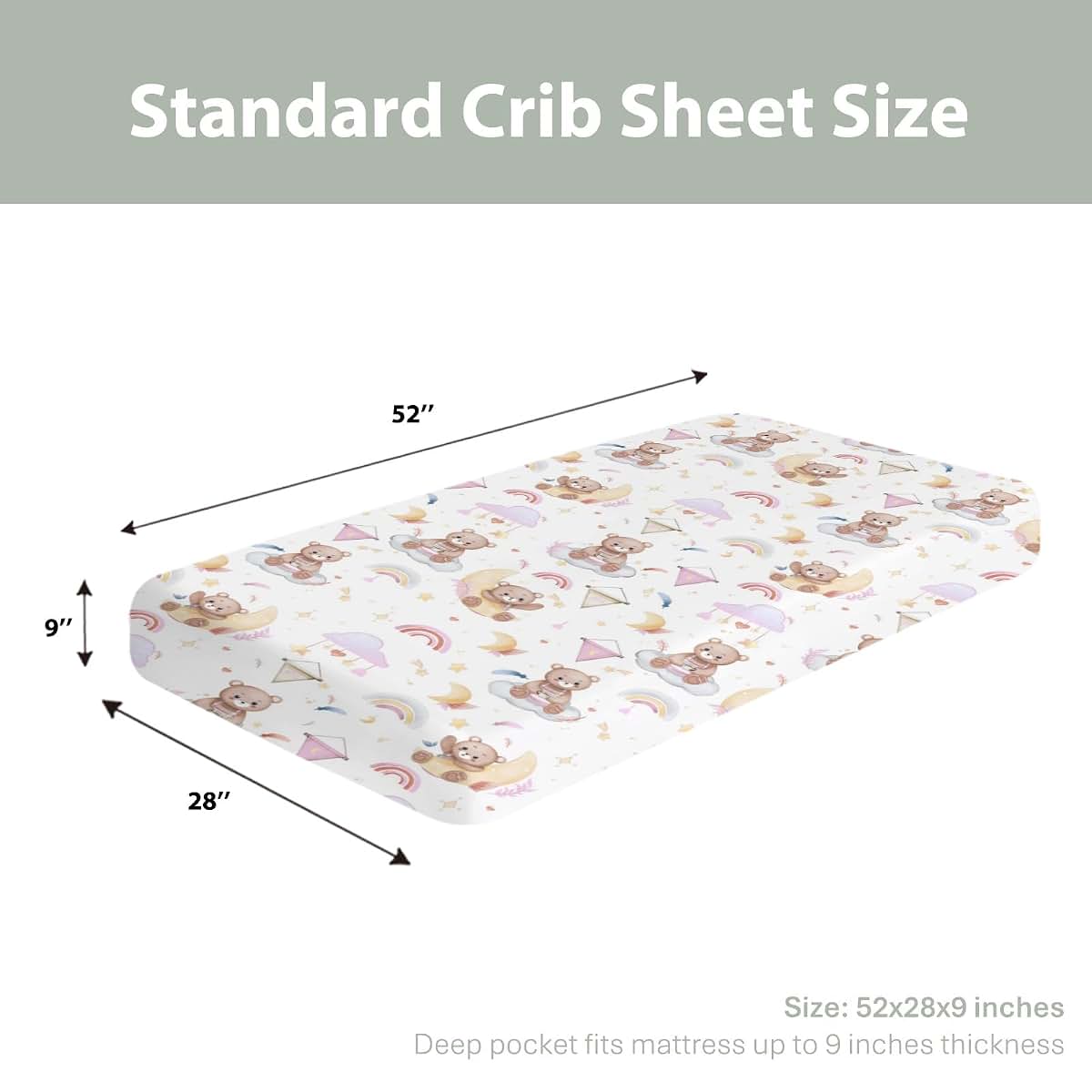 Watercolor Bear Rainbow Pink Crib Sheet 28x52 with 9 Inch Deep Pocket Fitted Standard Crib Mattress Cover