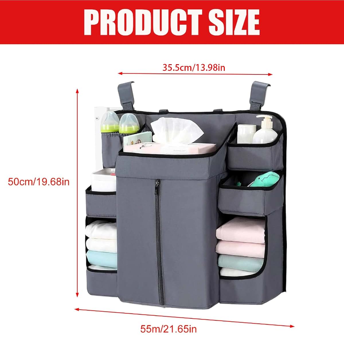 LUOOHL Bed Hanging Adjustable Straps & 6-Pocket Design for Diaper Toy Storage with Fabric Adjustable Crib Storage Bag
