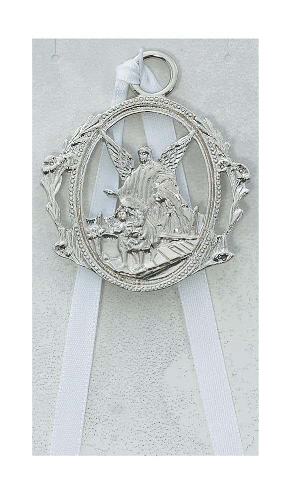 CatholicStore Guardian Angel Crib Medal with White Ribbon, Fine Pewter, 2-1/2"