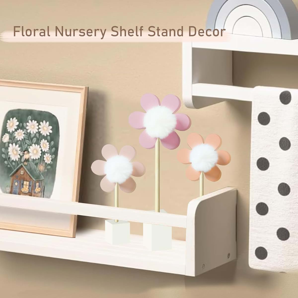 Cobzier 3 Pack Daisy Nursery Shelf Decor, Wooden Boho Baby Girl Nursery Decor Pink Floral Room Decoration Bohemian Cute (photo 4)