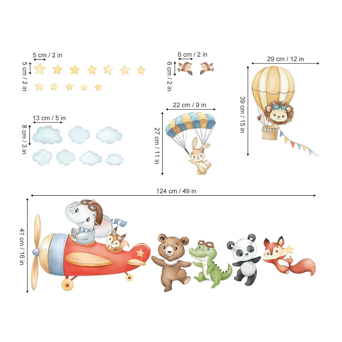 wondever Airplane Animals Wall Decals Hot Air Balloon Bear Wall Stickers