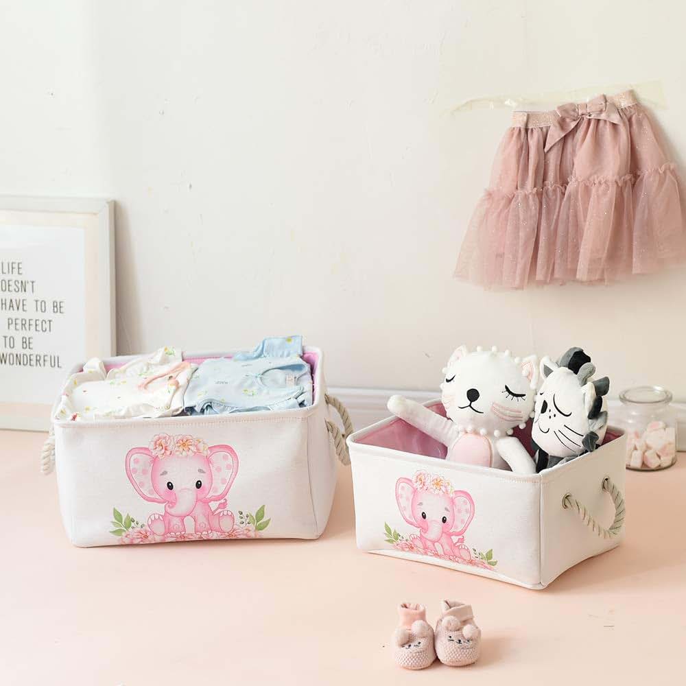 INough Pink Basket Elephant Storage Bins for Kids, Gift Box for Baby,Collapsible Storage Basket for Toys Clothes,Fabric (photo 4)