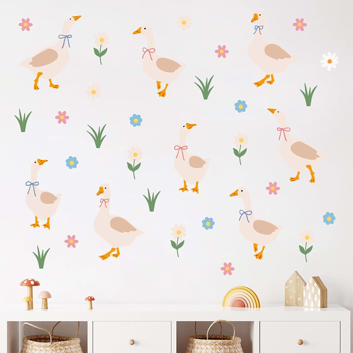 Cute Goose Floral Boho Farm Animal Wall Decals for Nursery and Kids Rooms