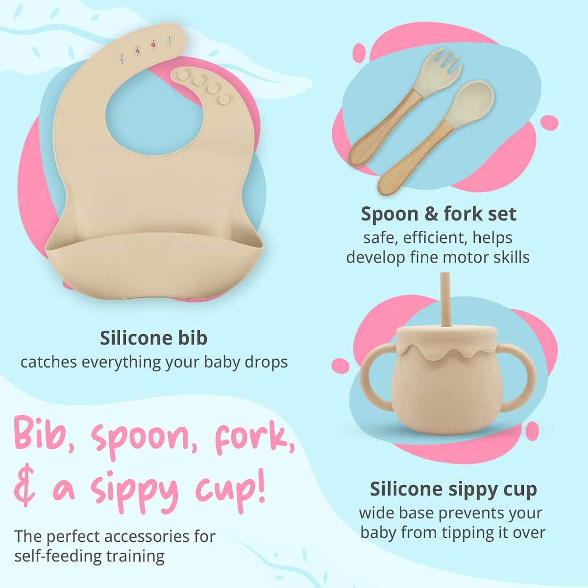 KCMI Baby Suction Plate and Bowl Set, 6-Pc Silicone Feeding Set, Bib, Cup, Blue (photo 4)