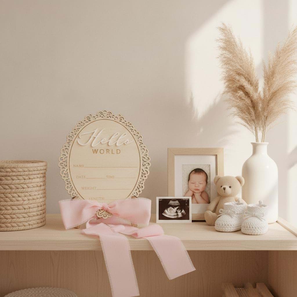 Nishiduong Wooden Hello World Baby Announcement Sign (photo 4)