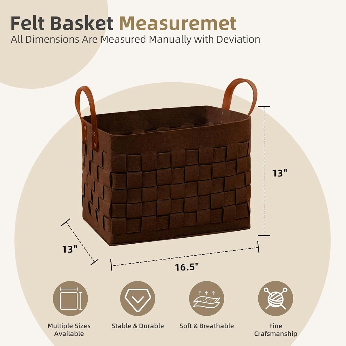 boldmonkey Laundry Basket 16.5 " x13 x13 , Large Rectangular Felt Fabric Blanket Basket with Leather Handle, Dirt (photo 4)