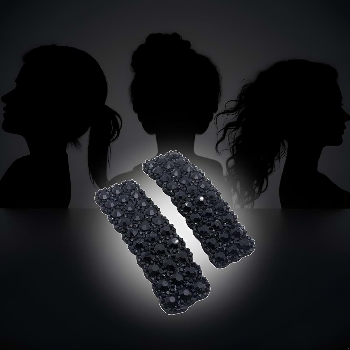 Black Rhinestone Snap Hair Clips for Women and Girls