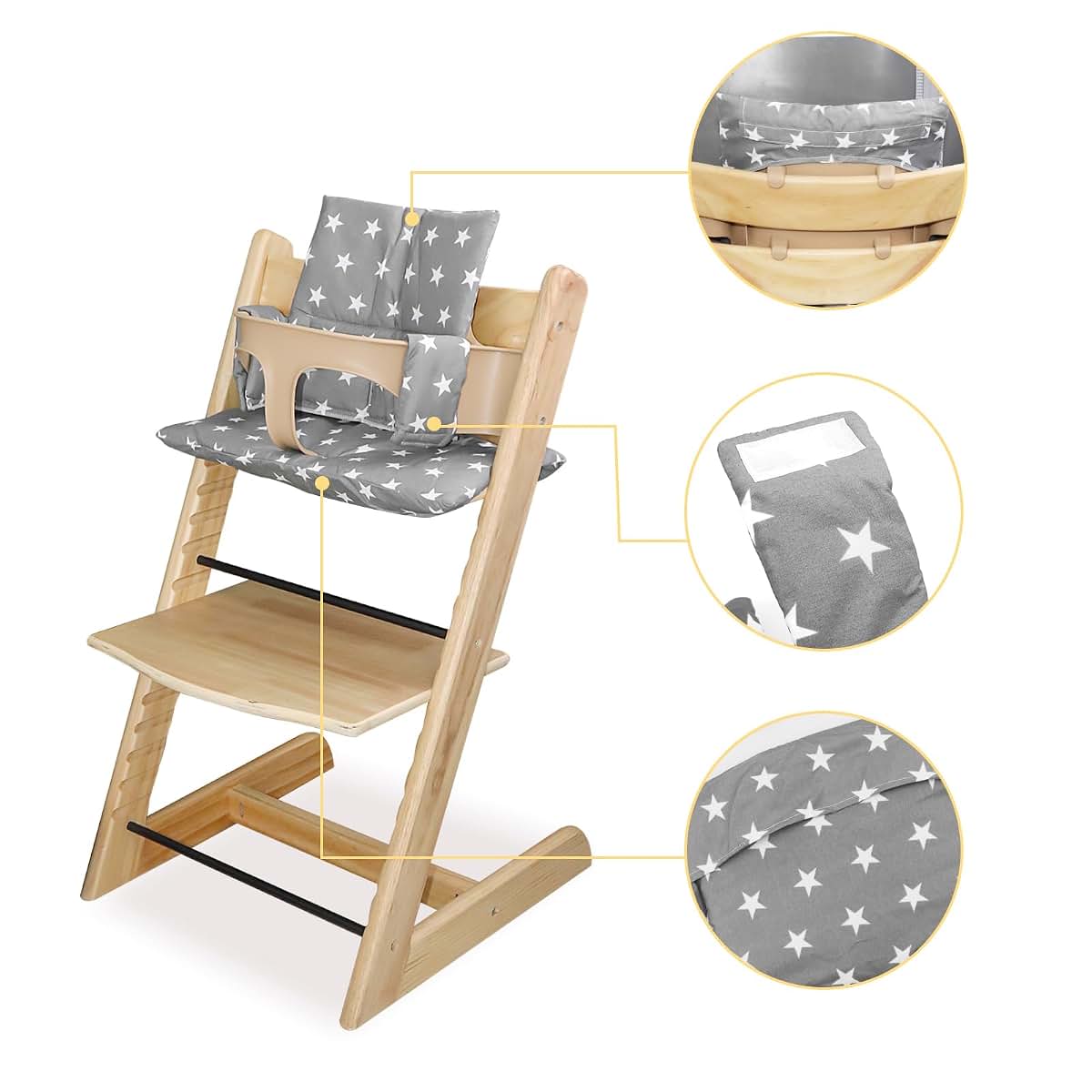 LLHQAMT Cushion for Tripp Trapp High Chair, Grey Star Pattern, Cotton Two-Piece