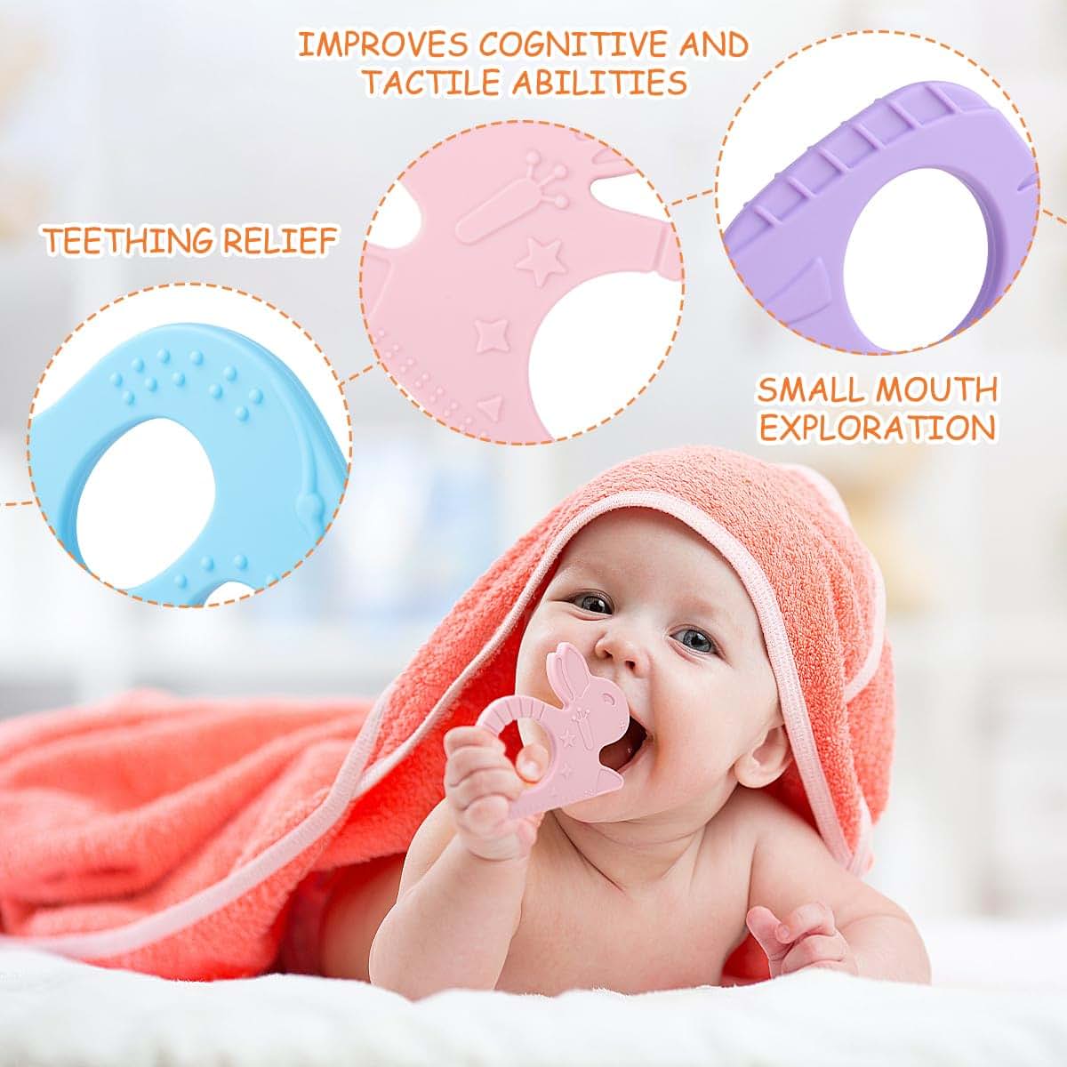 Beboan Silicone Baby Teething Ring Toys, 8 Pack Freezer Teether Chew Toy (photo 4)