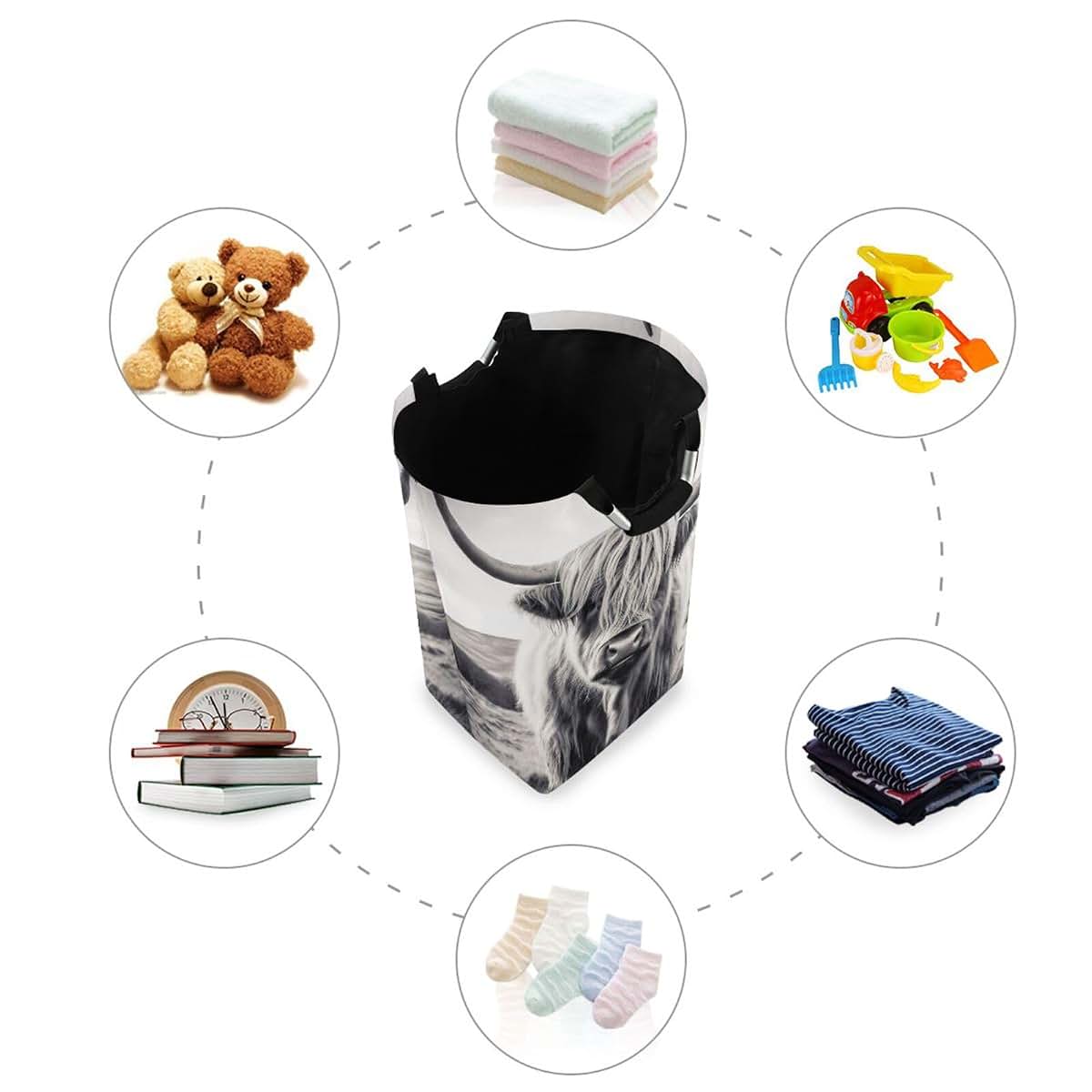 FLildon Highland Cow Collapsible Laundry Basket with Waterproof Oxford Lining and Soft Grip Handle