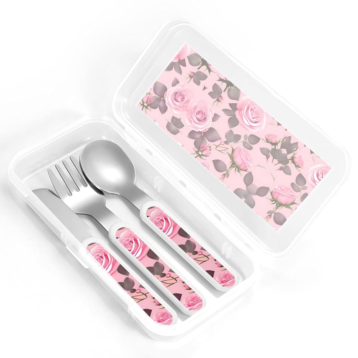 ZZYYDS Pretty Pink Roses Children's Three-Piece Knife, Fork and Spoon Set with Portable Box